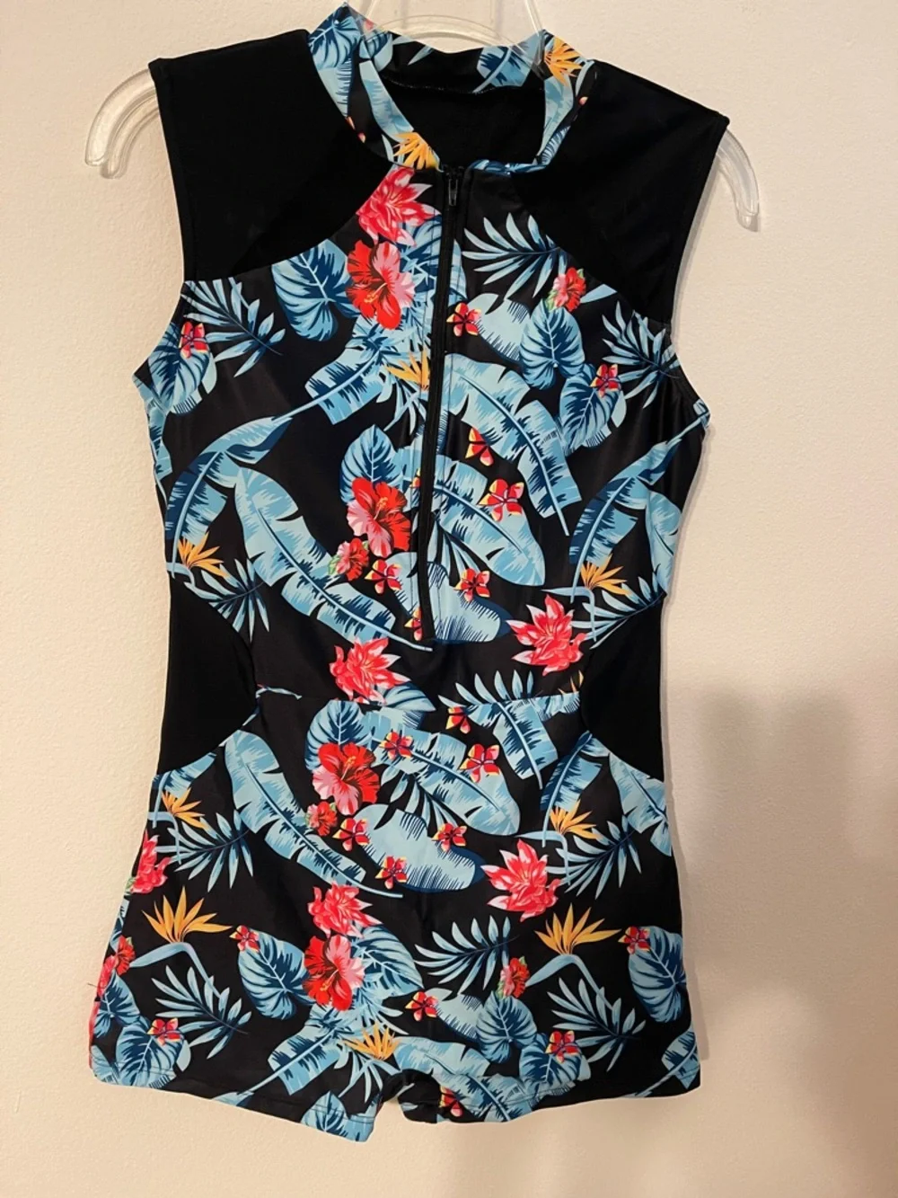 NWOT Swim Unitard Black Tropical Floral with Zip Front
